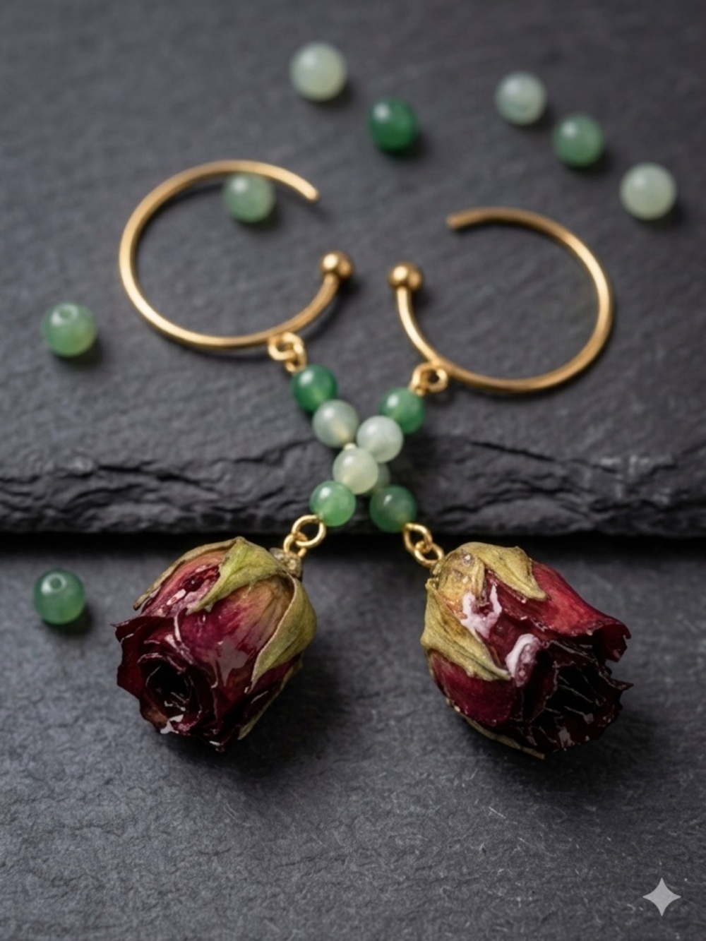 Earrings with Green Beads and Dried Rosebud Accent - Picture 2 of 4